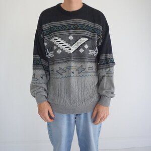 Portobello Charcoal Gray Patterned Knit Eclectic Grandpa Retro 90s Sweater L